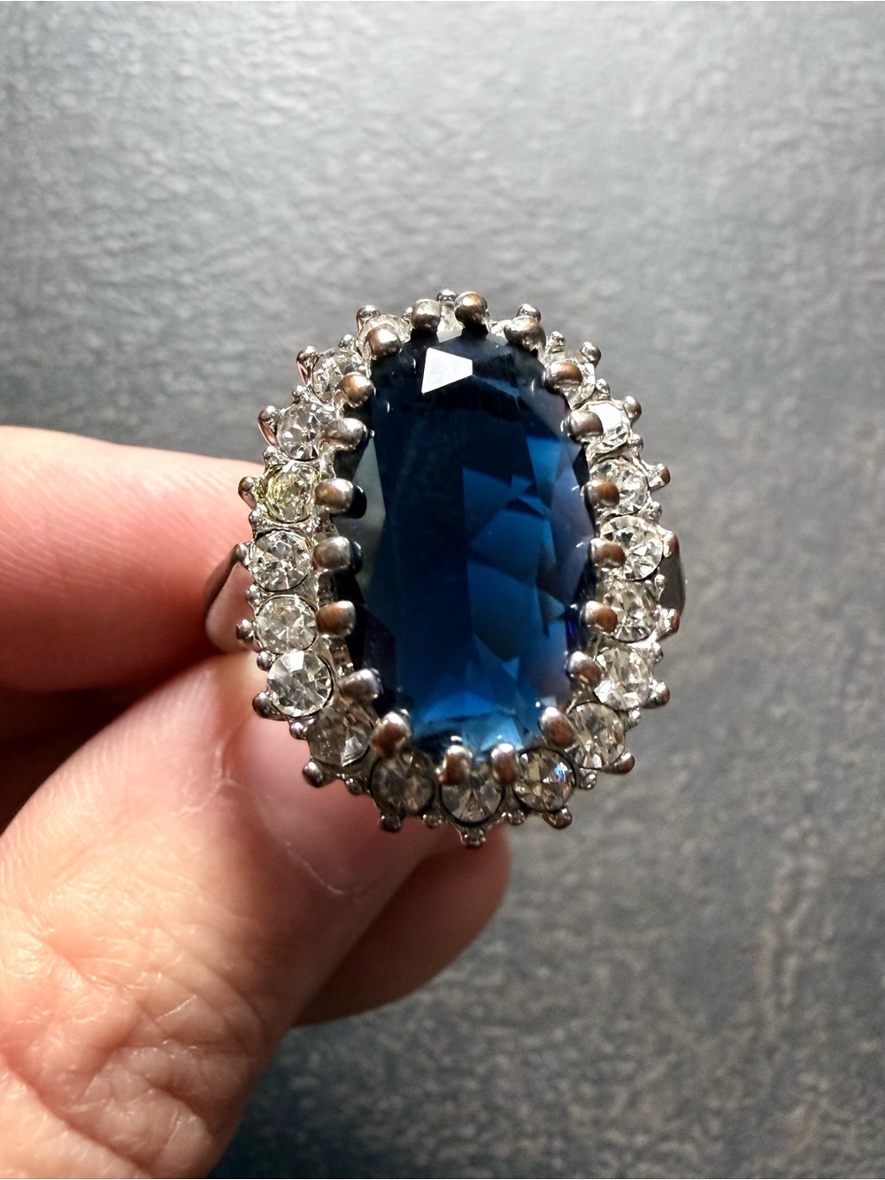 Vintage Sapphire Blue Costume Cocktail Ring in Silver-tone Setting